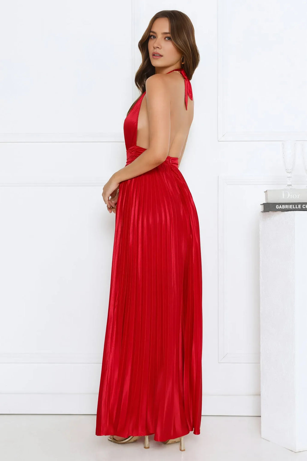 Sheath Plunging Halter V-Neck Sleeveless Pleated Open Back Ankle-Length Prom Dresses