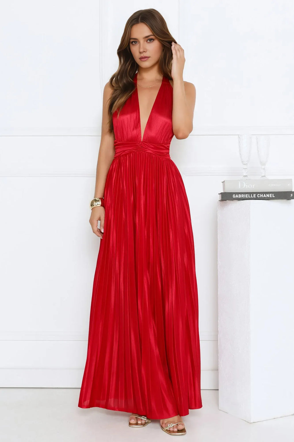 Sheath Plunging Halter V-Neck Sleeveless Pleated Open Back Ankle-Length Prom Dresses