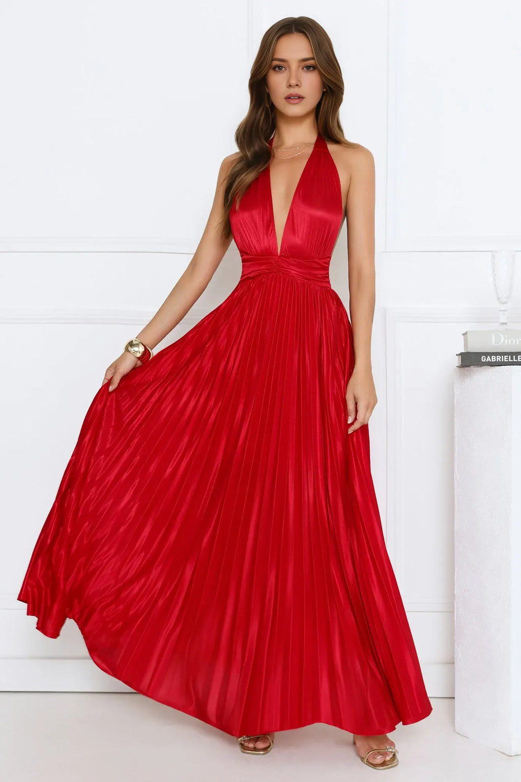 Sheath Plunging Halter V-Neck Sleeveless Pleated Open Back Ankle-Length Prom Dresses