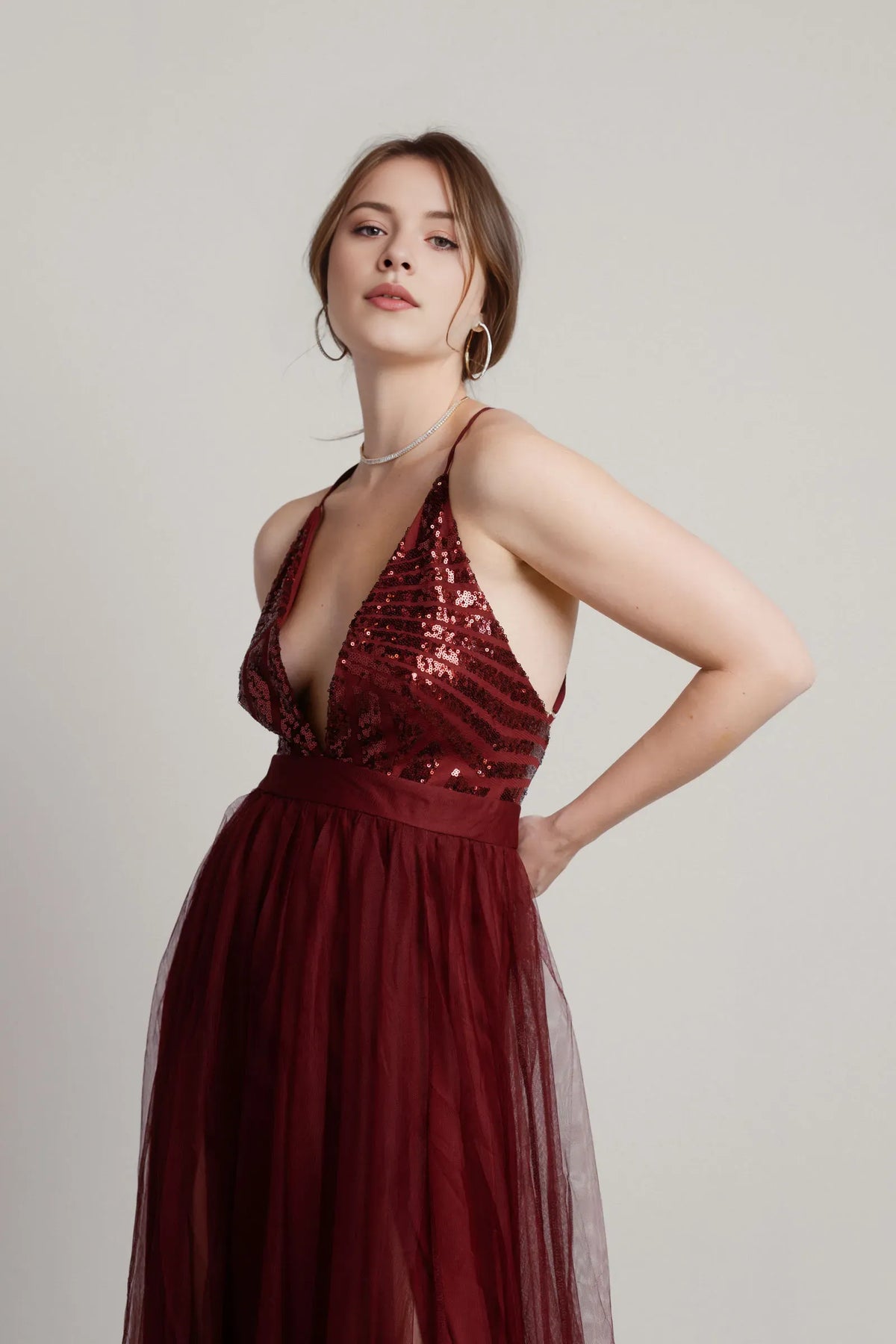 Wine A-Line Deep V-Neck Sleeveless Back Zip High-Slit Prom Dresses