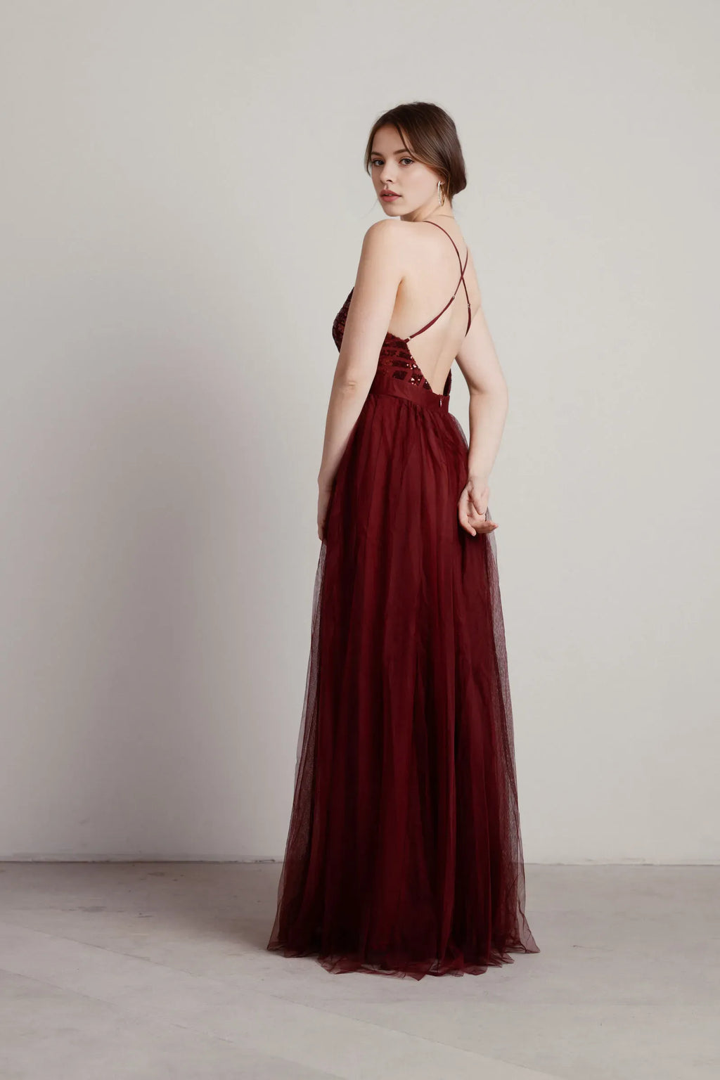 Wine A-Line Deep V-Neck Sleeveless Back Zip High-Slit Prom Dresses