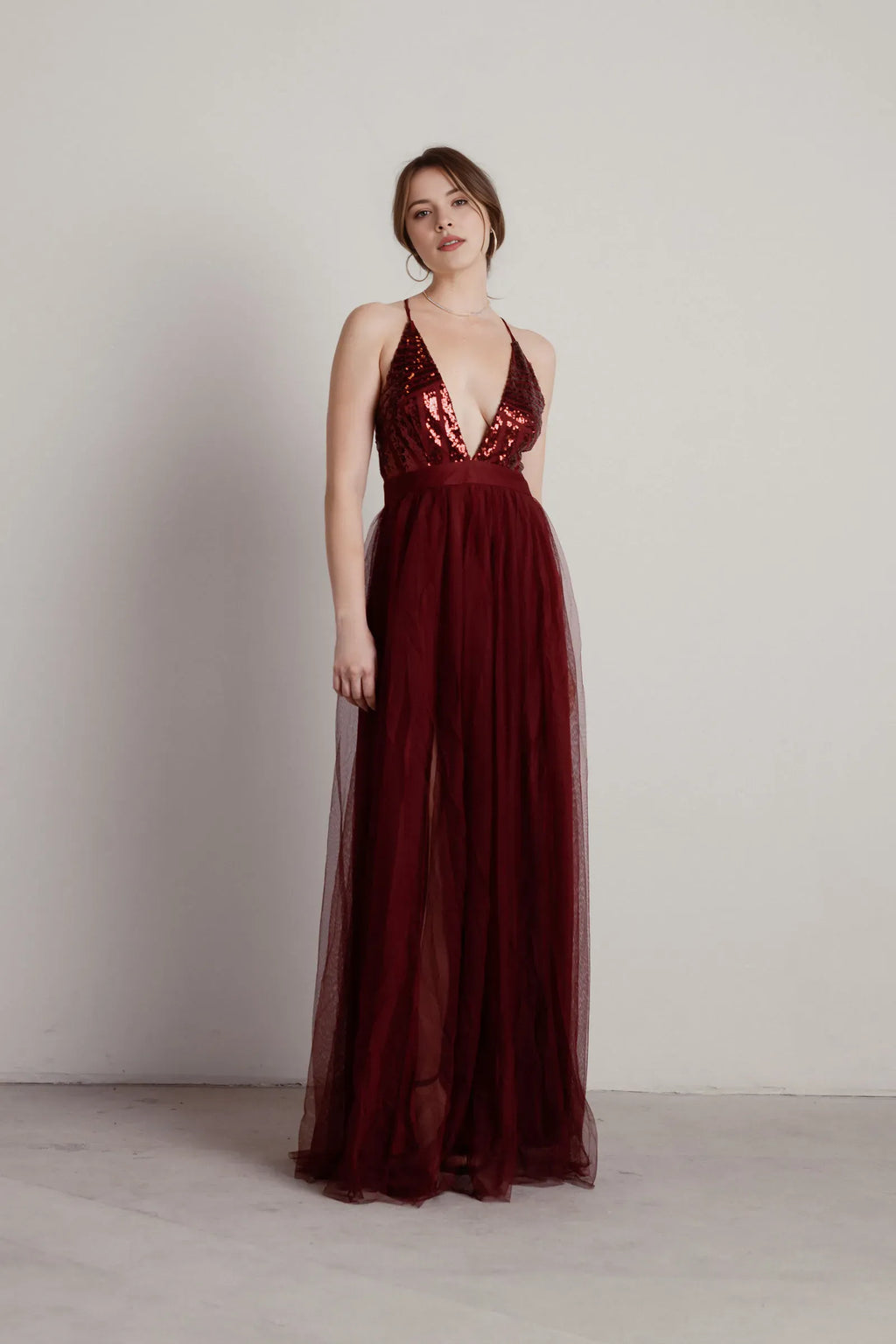 Wine A-Line Deep V-Neck Sleeveless Back Zip High-Slit Prom Dresses