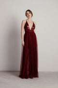 Wine A-Line Deep V-Neck Sleeveless Back Zip High-Slit Prom Dresses