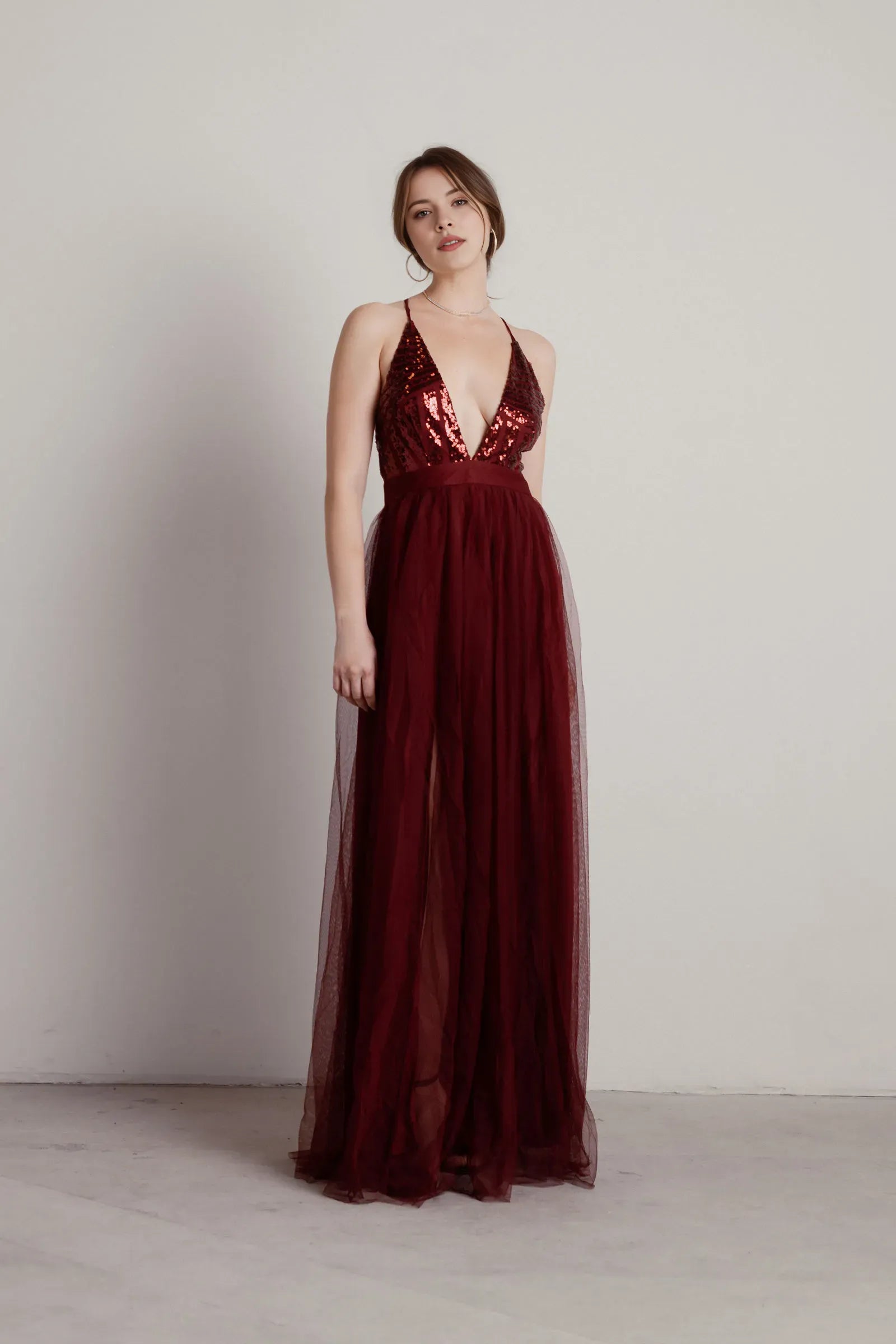 Wine A-Line Deep V-Neck Sleeveless Back Zip High-Slit Prom Dresses