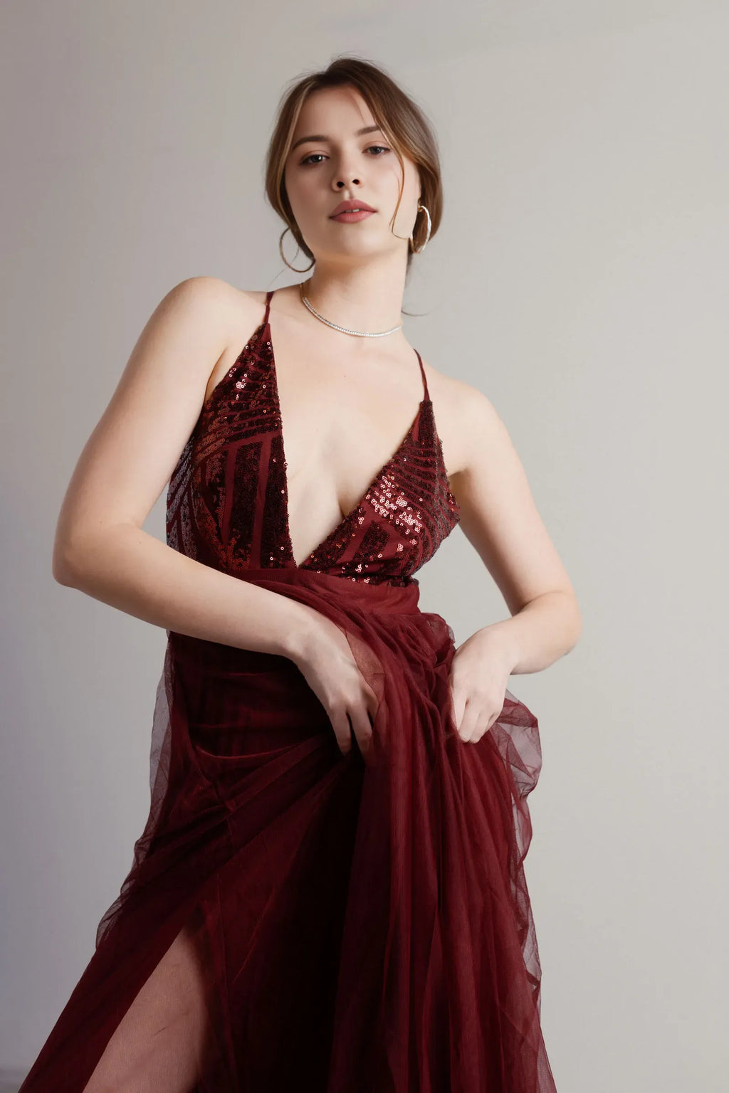 Wine A-Line Deep V-Neck Sleeveless Back Zip High-Slit Prom Dresses