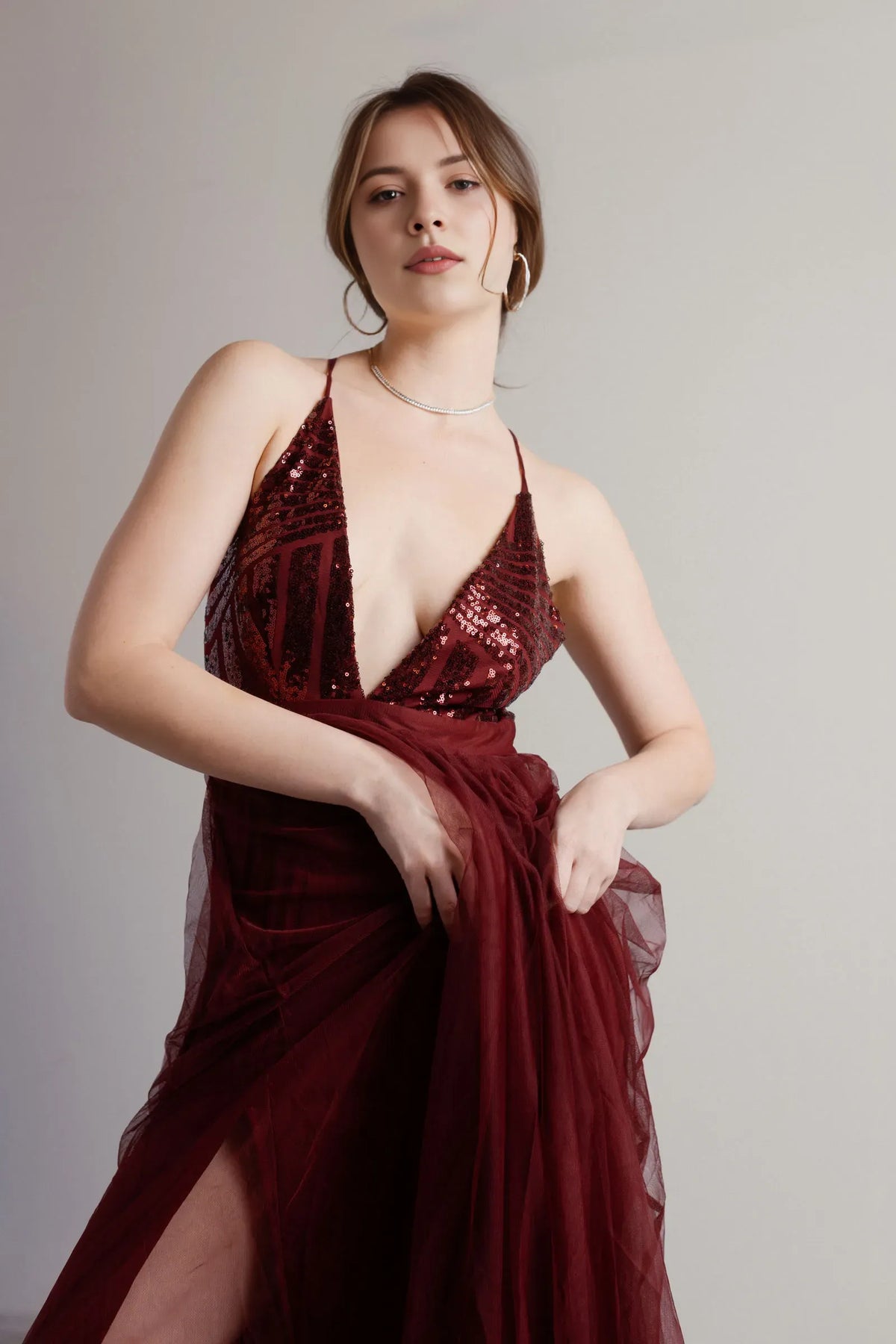 Wine A-Line Deep V-Neck Sleeveless Back Zip High-Slit Prom Dresses