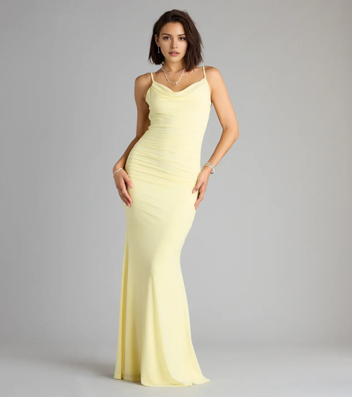 Yellow Cowl neckline spaghetti straps Open back Mermaid Floor-length Prom dress women