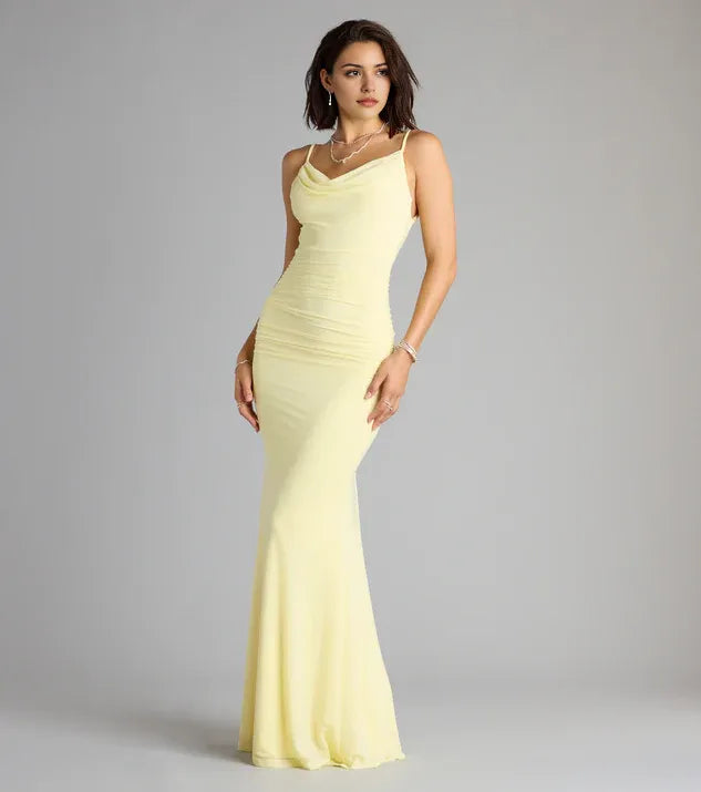 Yellow Cowl neckline spaghetti straps Open back Mermaid Floor-length Prom dress women