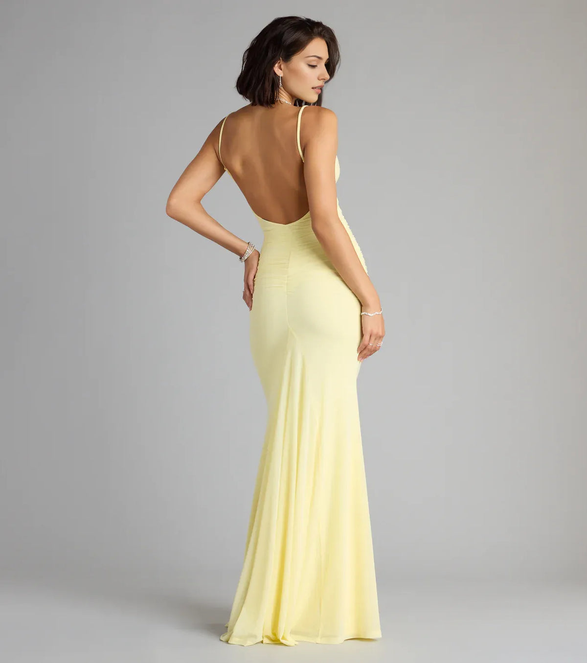 Yellow Cowl neckline spaghetti straps Open back Mermaid Floor-length Prom dress women