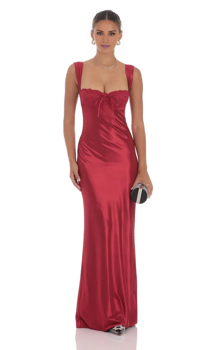 Red Satin Lace-Trim Bustier Prom Dress