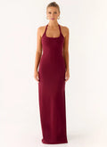 Burgundy Halter Neck Sleeveless High-Slit Floor-Length Prom Dress