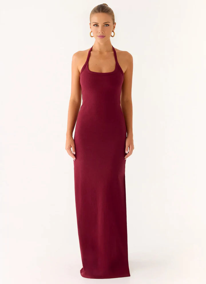 Burgundy Halter Neck Sleeveless High-Slit Floor-Length Prom Dress