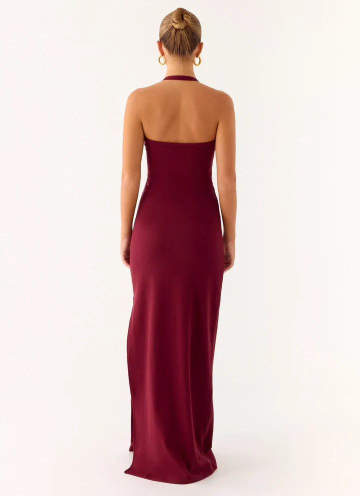 Burgundy Halter Neck Sleeveless High-Slit Floor-Length Prom Dress