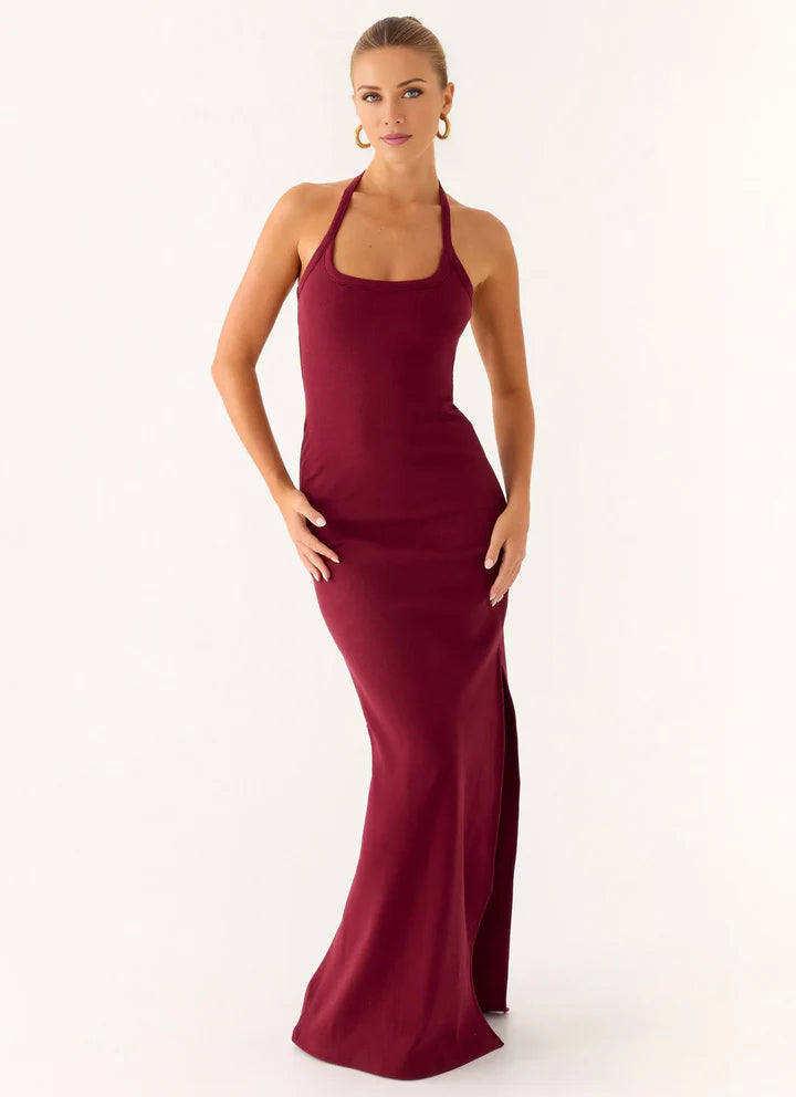 Burgundy Halter Neck Sleeveless High-Slit Floor-Length Prom Dress