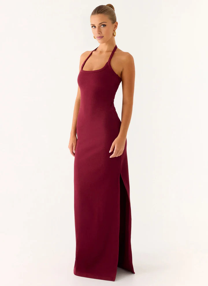 Burgundy Halter Neck Sleeveless High-Slit Floor-Length Prom Dress