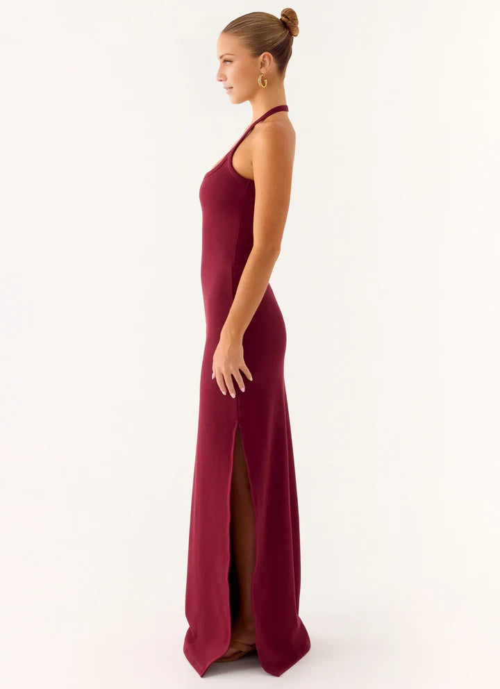 Burgundy Halter Neck Sleeveless High-Slit Floor-Length Prom Dress