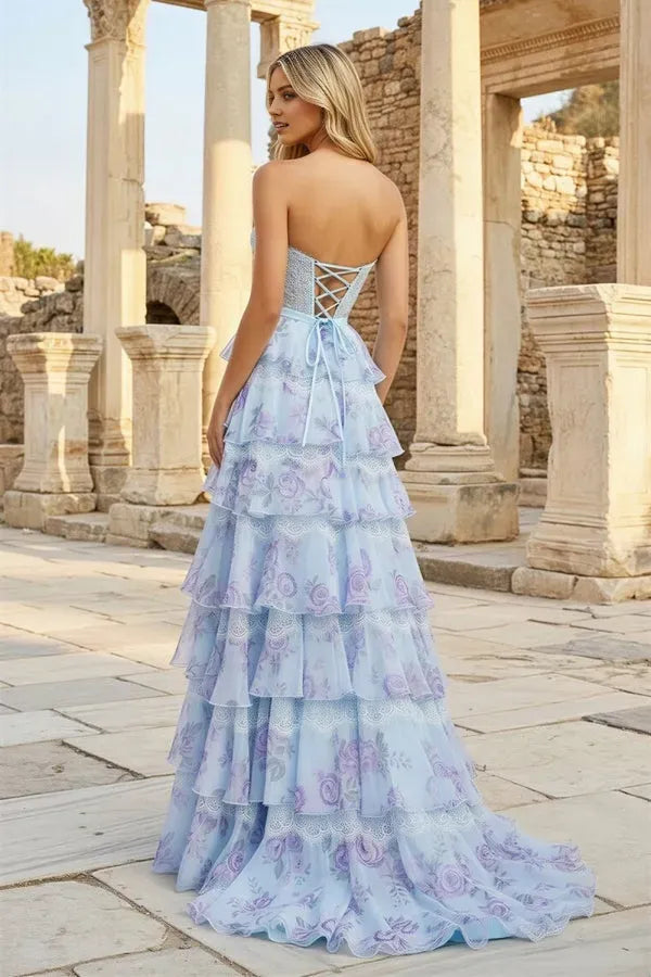 Sky Blue Feminine Sky A-Line Sweetheart Strapless Lace-Up Floral Ruffled Floor-Length Prom Dresses With Slit