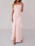 Flirty Mermaid Spaghetti Strap Ruffled Blush Prom Dress With Slit