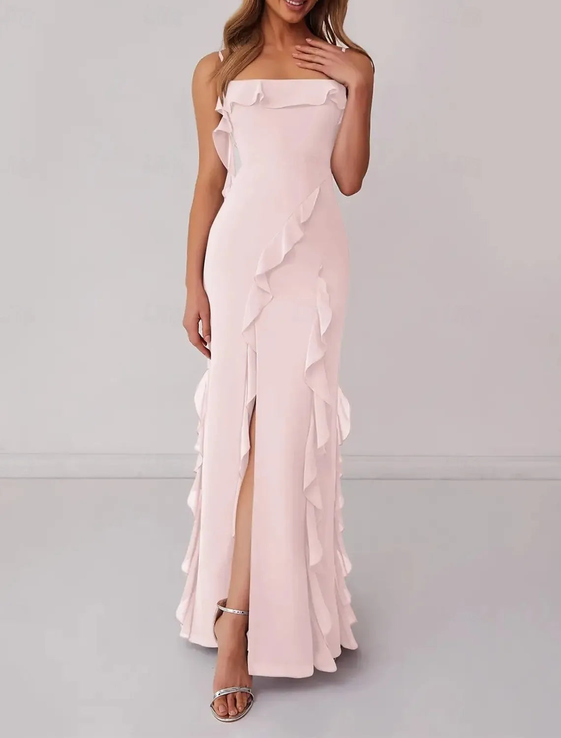 Flirty Mermaid Spaghetti Strap Ruffled Blush Prom Dress With Slit