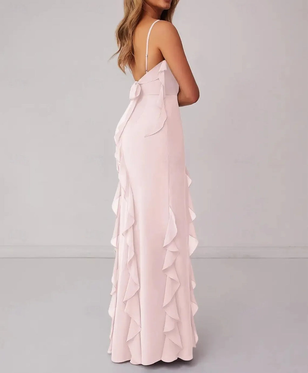 Flirty Mermaid Spaghetti Strap Ruffled Blush Prom Dress With Slit