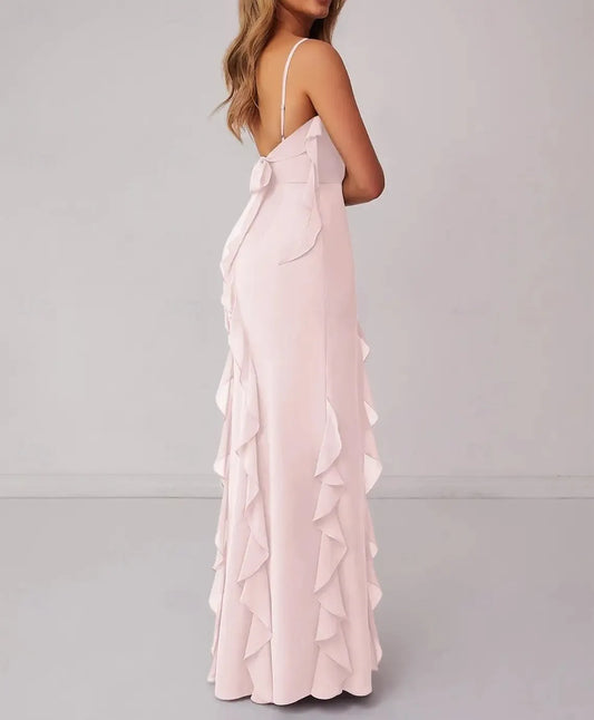 Elegant Red Ruffled Mermaid Classic-Neck Sleeveless Classic-Back Floor-Length Prom Dress