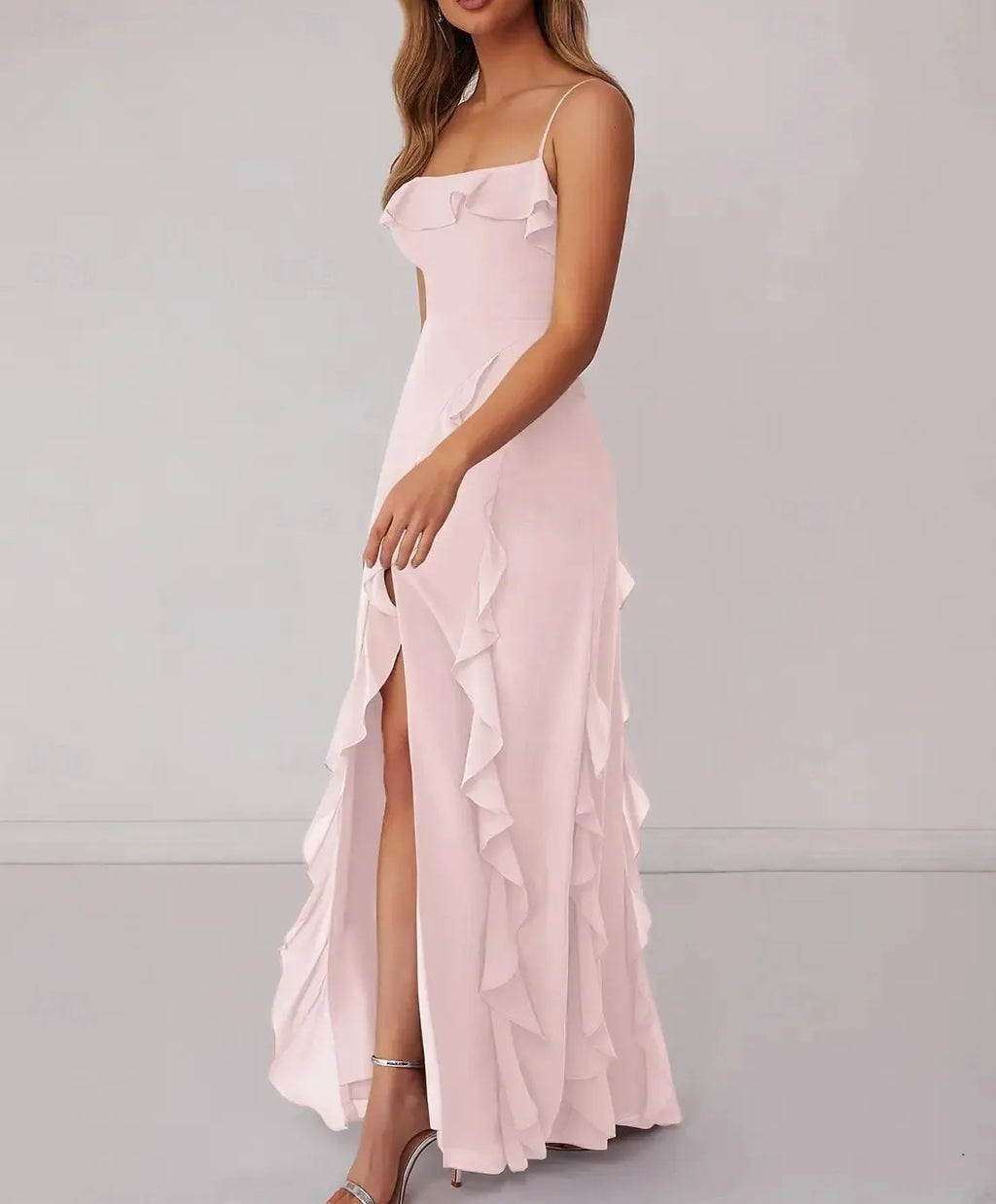 Flirty Mermaid Spaghetti Strap Ruffled Blush Prom Dress With Slit