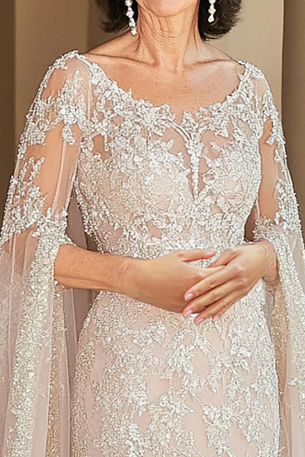Floral Beige Scoop Mother of the Bride Dress with Cape