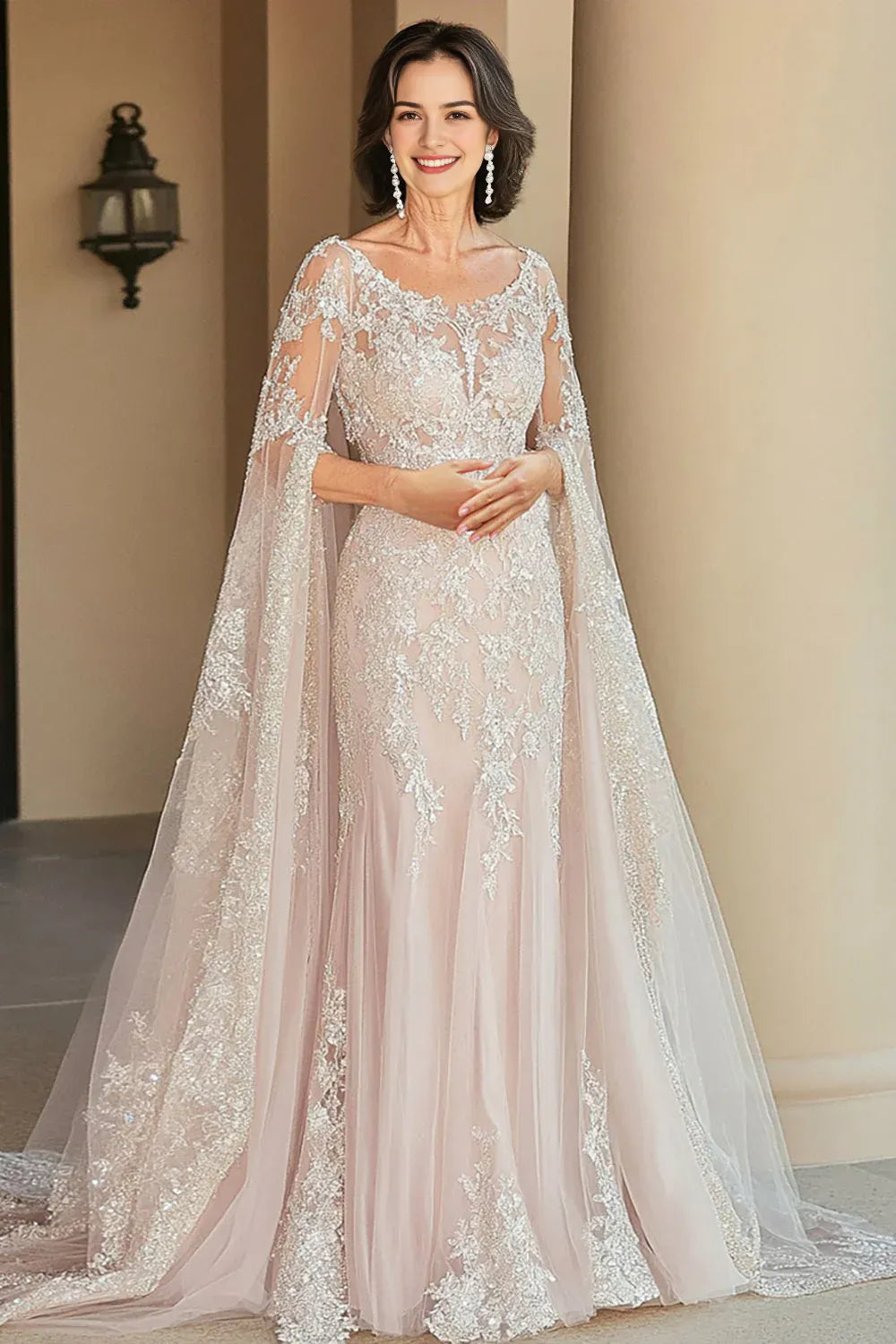 Floral Beige Scoop Mother of the Bride Dress with Cape