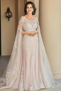 Floral Beige Scoop Mother of the Bride Dress with Cape