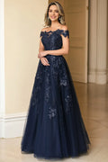 Navy Floral Off the Shoulder Mother of the Bride Dress