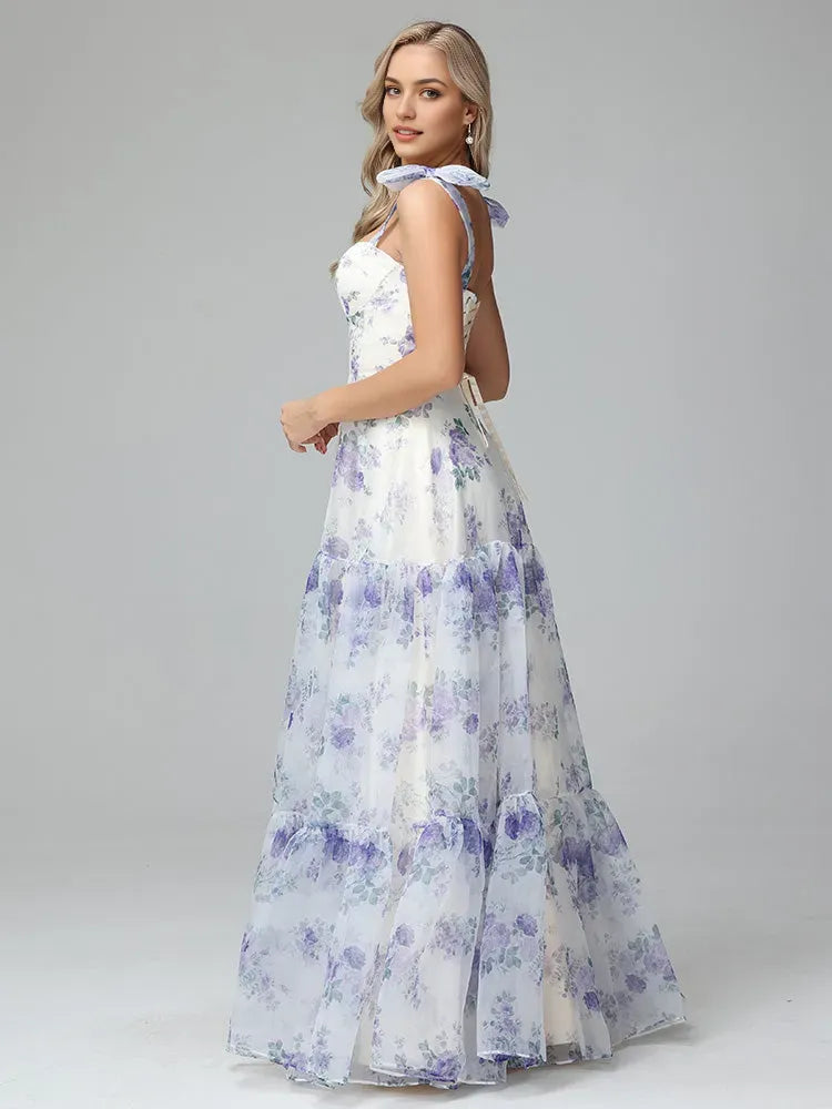 Floral Print Up Floor Length Prom Dresses