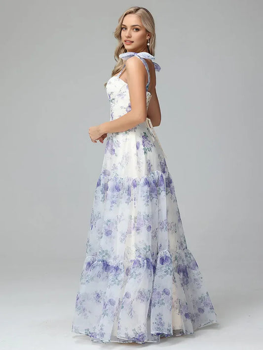 Elegant Red Floral A-Line Classic-Neck Classic-Sleeve Lace-Up-Back Floor-Length Prom Dress