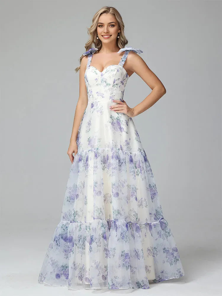 Floral Print Up Floor Length Prom Dresses
