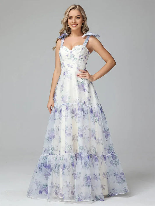 Elegant Red Floral A-Line Classic-Neck Classic-Sleeve Lace-Up-Back Floor-Length Prom Dress
