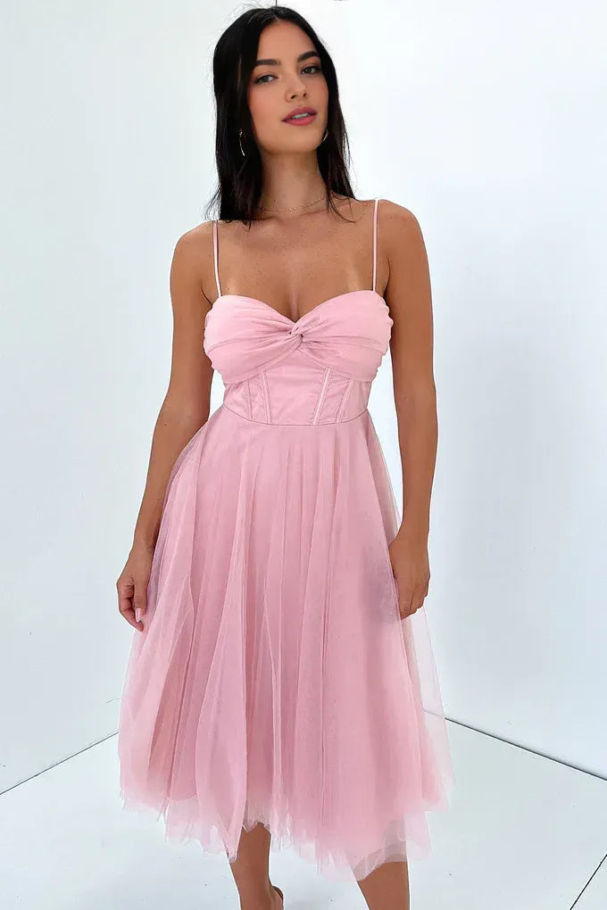 Graceful Stylish Refined Elegant Blush Pink Tulle A-Line Sleeveless Tea-Length Prom Dress