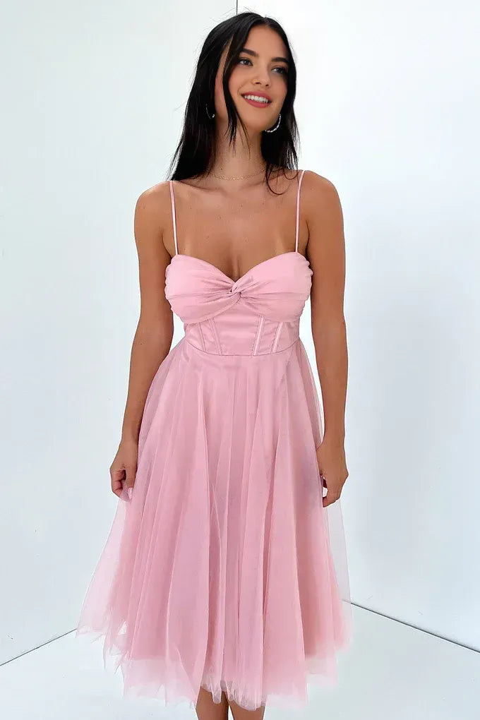Graceful Stylish Refined Elegant Blush Pink Tulle A-Line Sleeveless Tea-Length Prom Dress