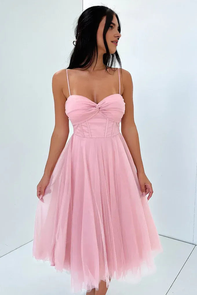 Graceful Stylish Refined Elegant Blush Pink Tulle A-Line Sleeveless Tea-Length Prom Dress