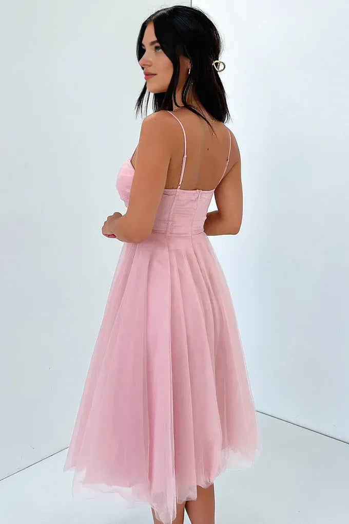 Graceful Stylish Refined Elegant Blush Pink Tulle A-Line Sleeveless Tea-Length Prom Dress