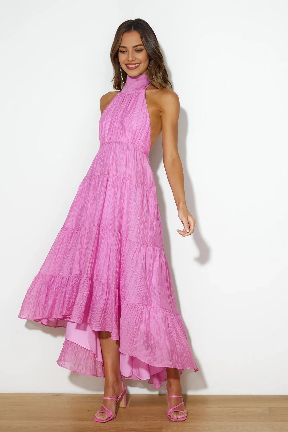 Pink Flowy A-line Halter Neck Sleeveless Tie Open Back Maxi Prom Dress