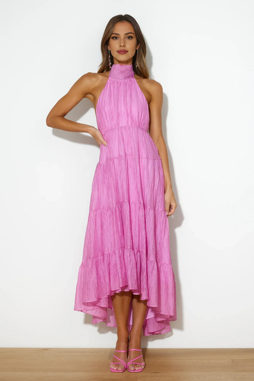 Pink Flowy A-line Halter Neck Sleeveless Tie Open Back Maxi Prom Dress