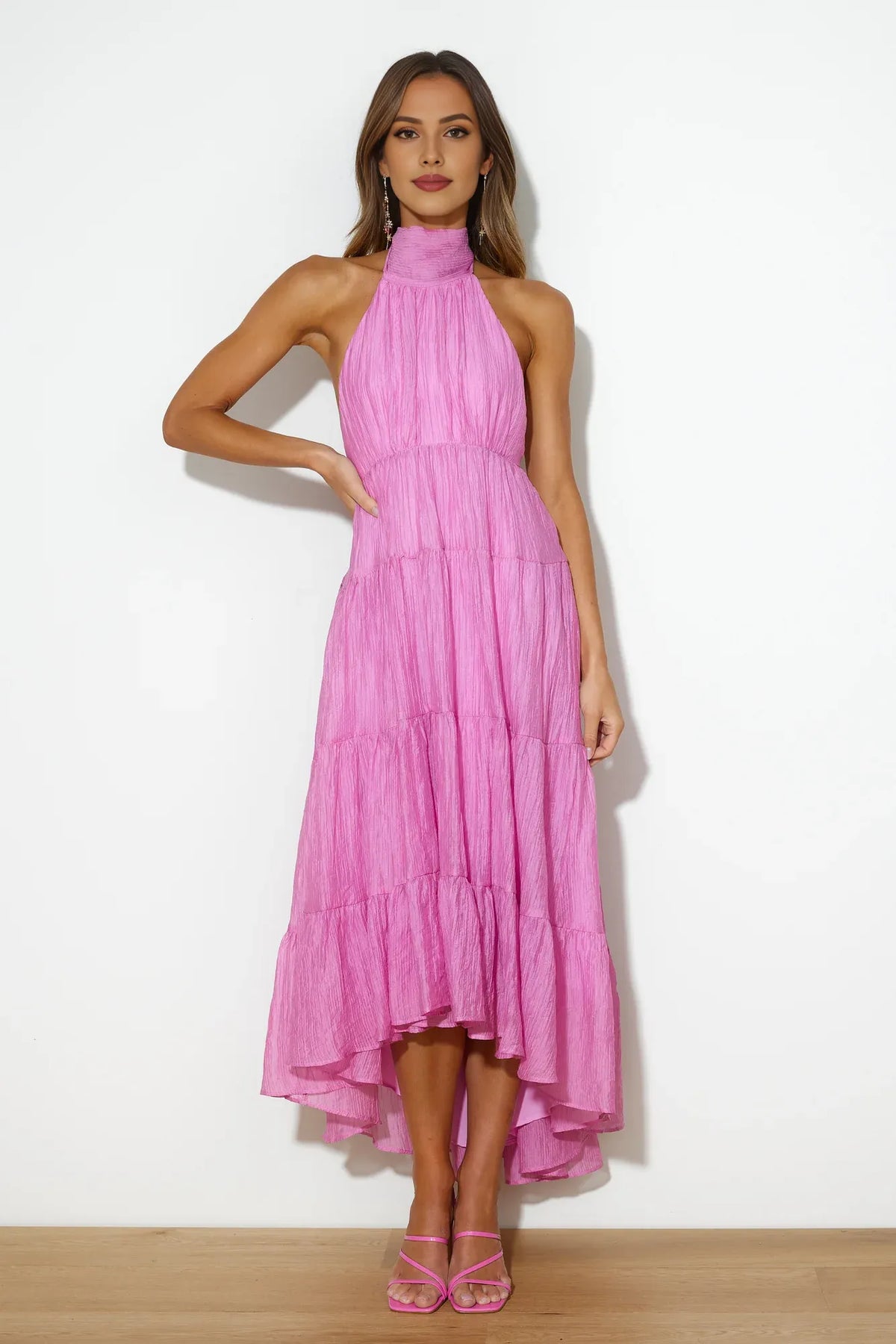 Pink Flowy A-line Halter Neck Sleeveless Tie Open Back Maxi Prom Dress
