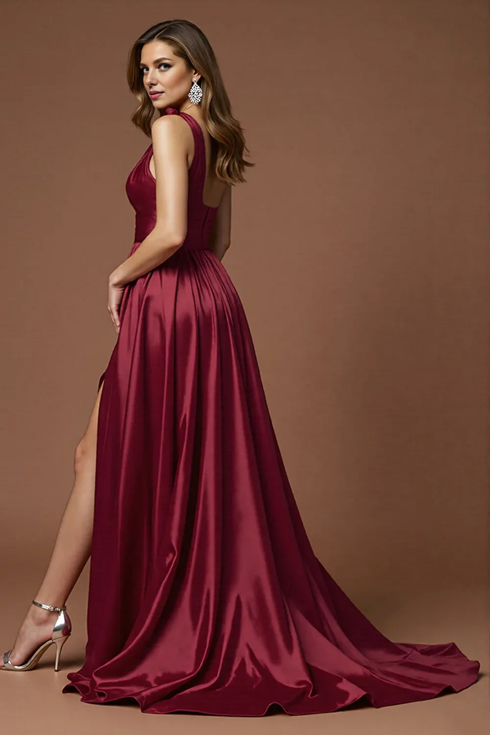 Special Occasion Sophisticated Graceful Stylish Refined Elegant Burgundy Satin Sleeveless Prom Dress