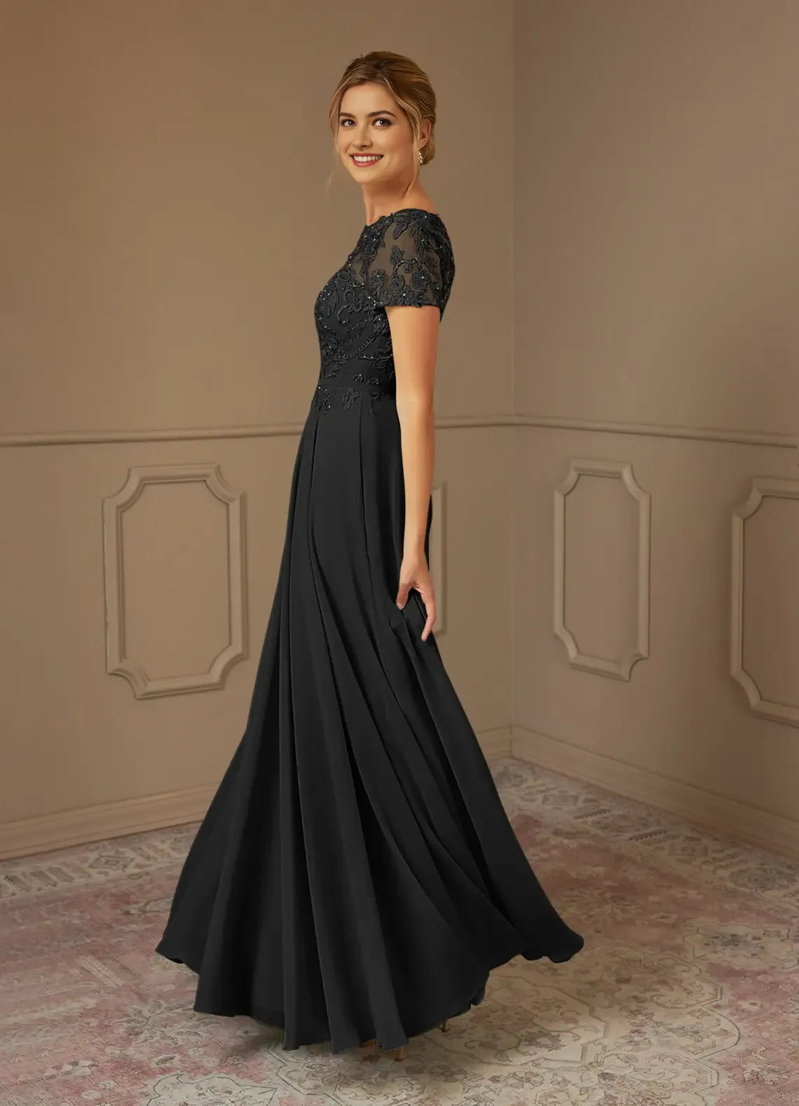 Black Formal A-Line Boatneck short sleeves Sequins Mother of the Bride Dresses Bodice
