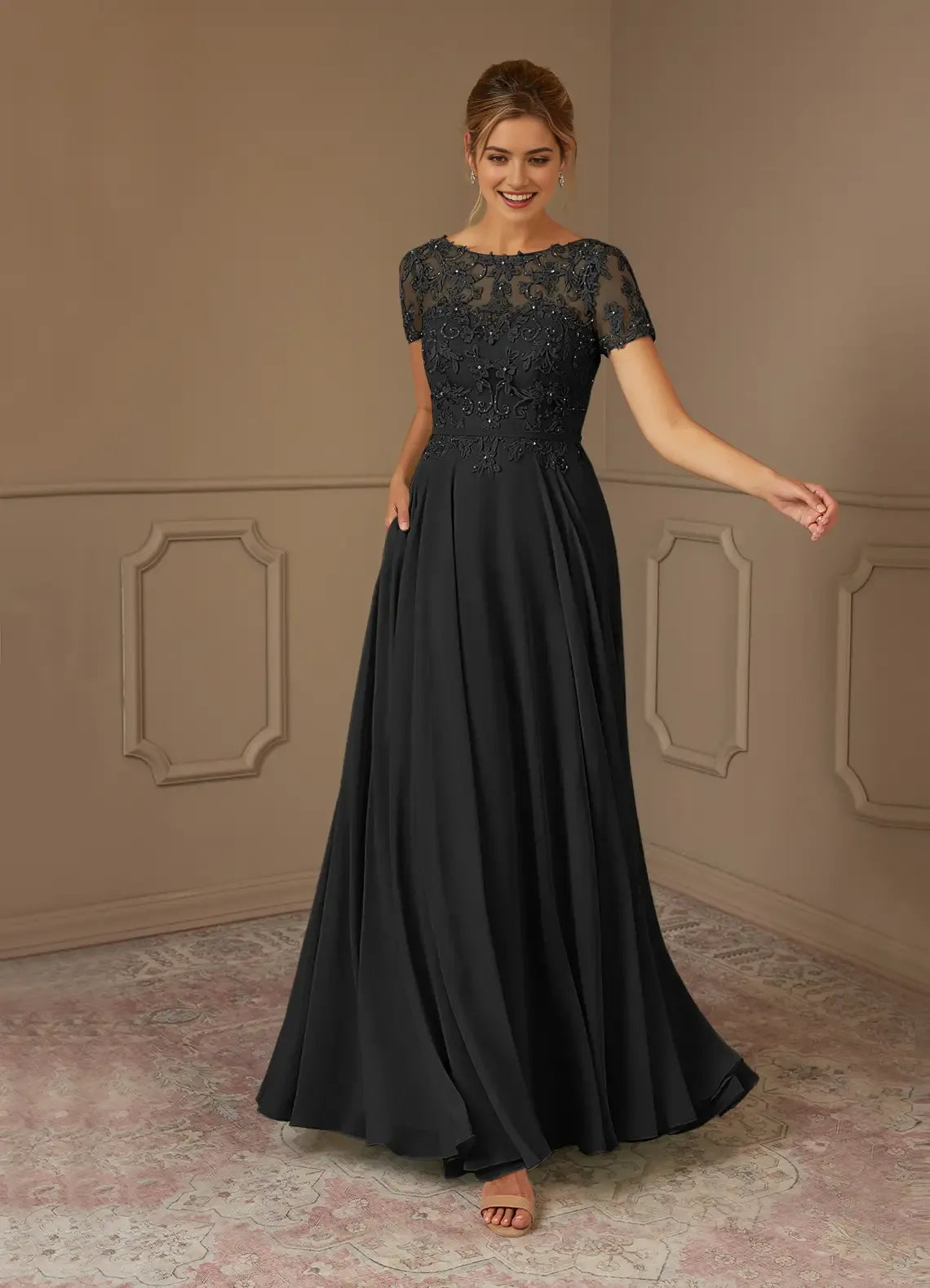 Black Formal A-Line Boatneck short sleeves Sequins Mother of the Bride Dresses Bodice