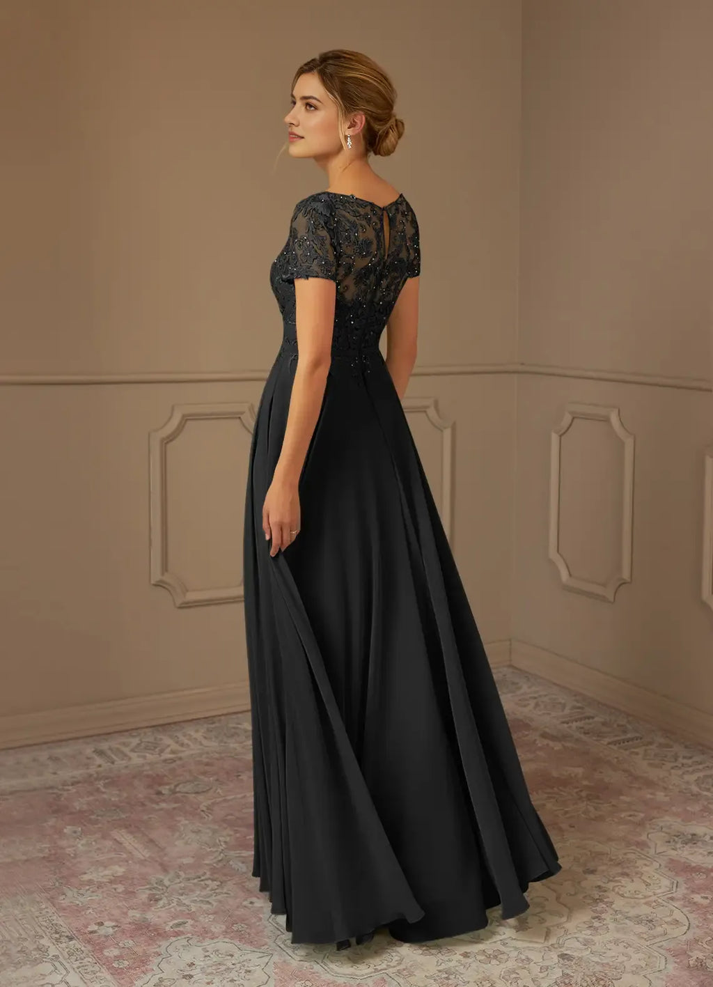 Black Formal A-Line Boatneck short sleeves Sequins Mother of the Bride Dresses Bodice