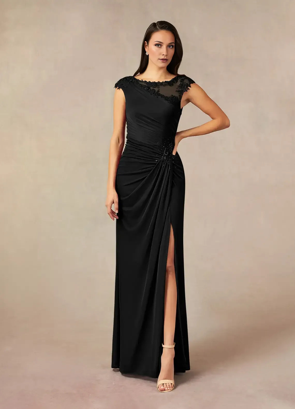 Black Formal Mother of the Bride Dresses with Asymmetric Neckline Ruched Bodice Side Draping High Slit