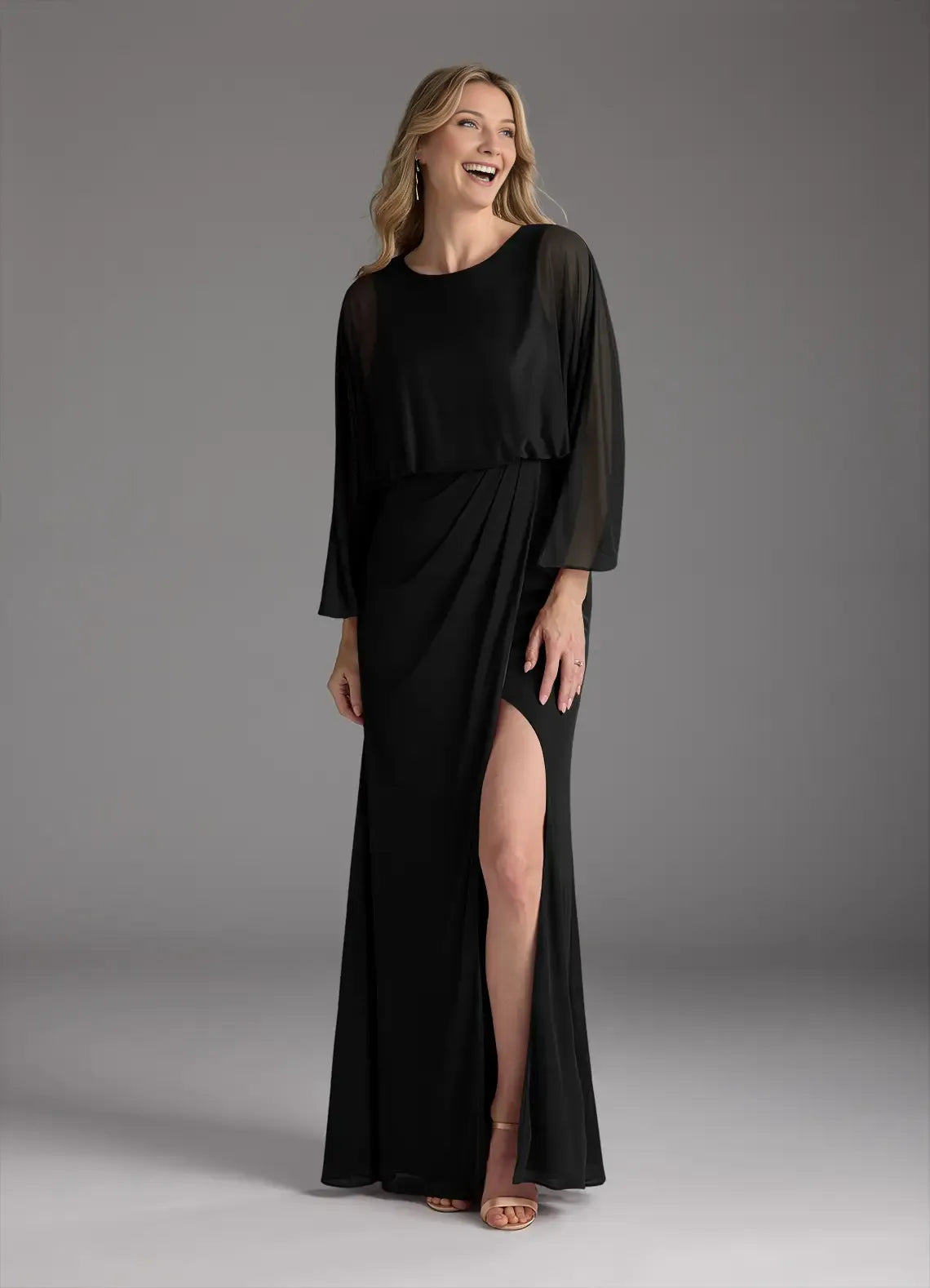 Black Formal Mother of the Bride Dresses with Sheer Sleeves Ruched High Waist Side Slit and Flowy Maxi Silhouette