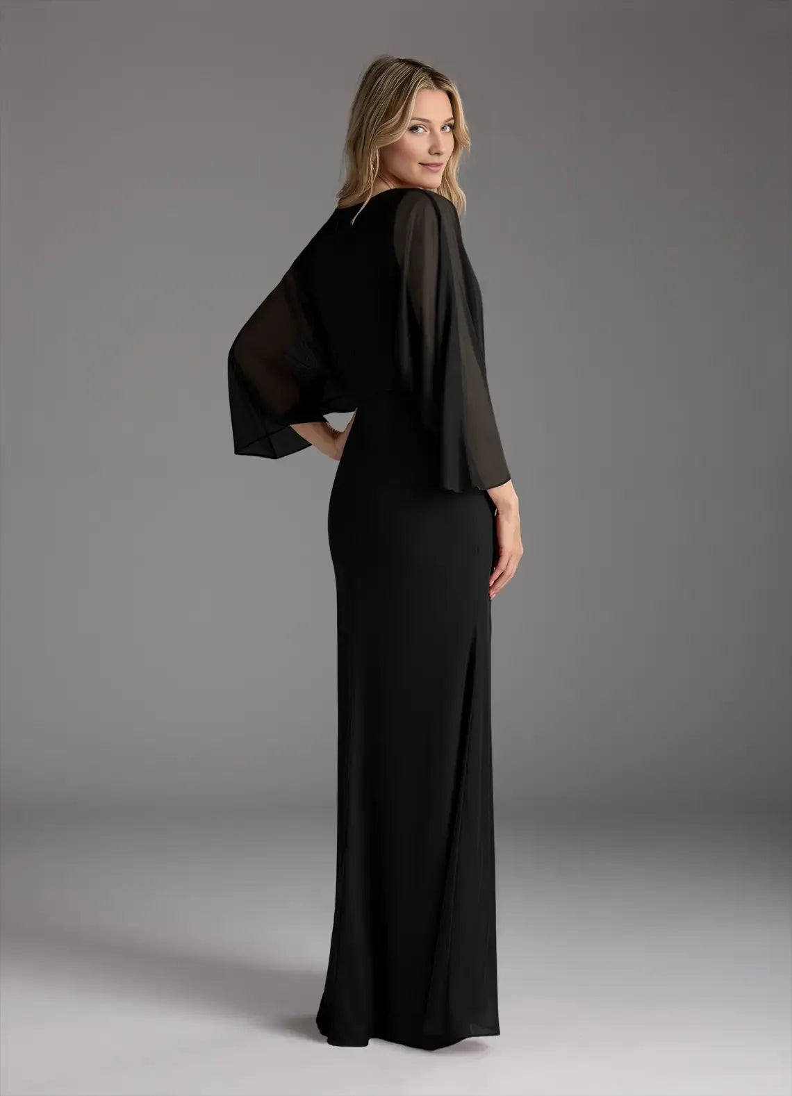 Black Formal Mother of the Bride Dresses with Sheer Sleeves Ruched High Waist Side Slit and Flowy Maxi Silhouette