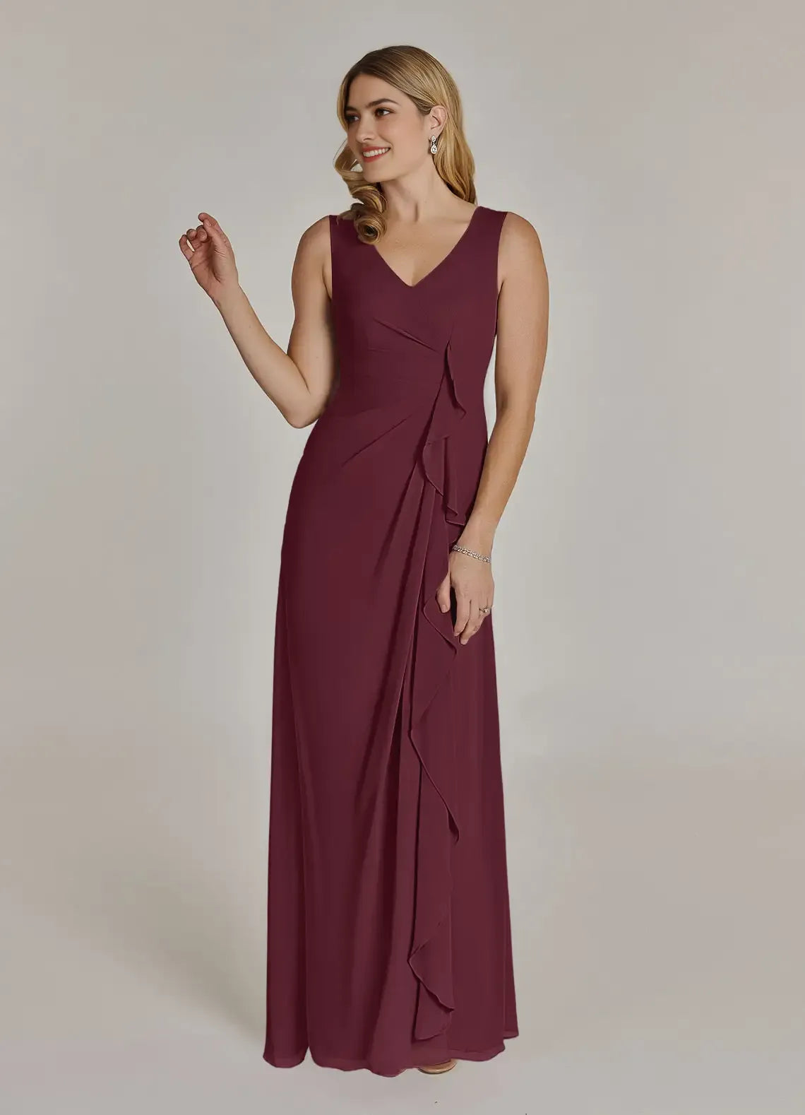 Formal Cabernet A-Line V-Neck Pleated with Sleeveless V - Neck Dress Ruffled Detailing Flowy Skirt for women