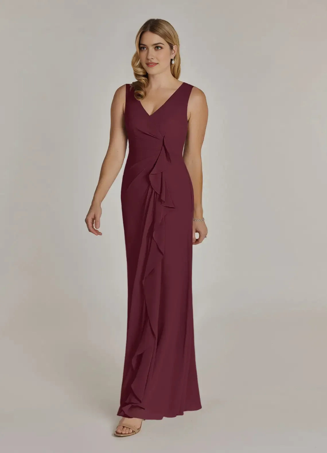 Formal Cabernet A-Line V-Neck Pleated with Sleeveless V - Neck Dress Ruffled Detailing Flowy Skirt for women